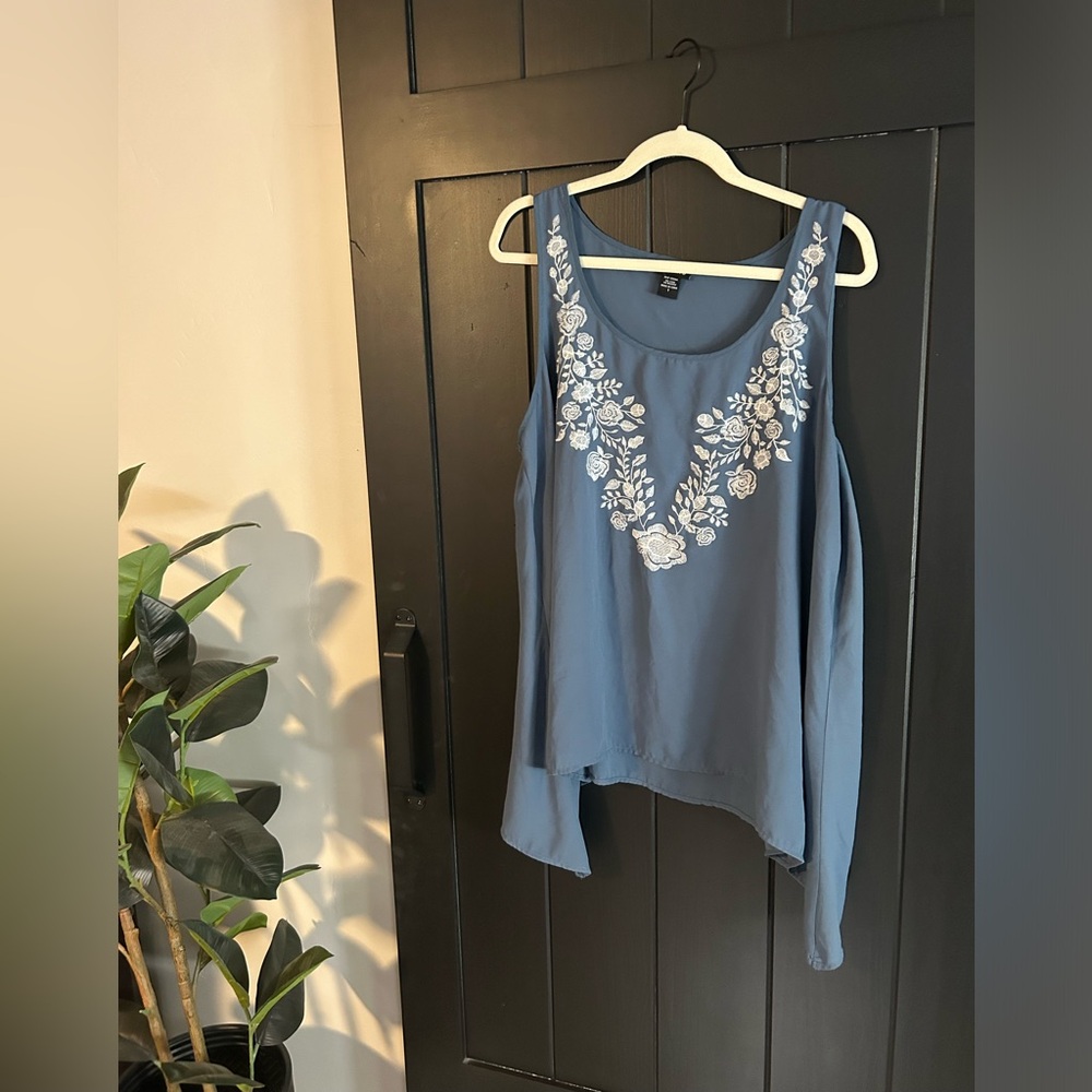 Blue floral embroidered top
